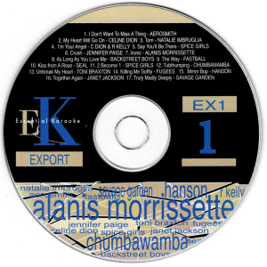 Essential-Karaoke-01 I Don’t Want To Miss A Thing – Aerosmith My Heart Will Go On – Celine Dion Torn – Natalie Imbruglia I’m Your Angel – Celine Dion & R. Kelly Say You’ll Be There – Spice Girls Crush – Jennifer Paige Ironic – Alanis Morissette As Long As You Love Me – Backstreet Boys The Way – Fastball Kiss From A Rose – Seal 2 Become 1 – Spice Girls Tubthumping – Chumbawamba Unbreak My Heart – Toni Braxton Killing Me Softly – Fugees Mmm Bop – Hanson Together Again – Janet Jackson Truly Madly Deeply – Savage Garden