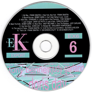 Essential-Karaoke-06 My Way – Frank Sinatra New York, New York – Frank Sinatra Beyond The Sea – Bobby Darin Can’t Help Falling In Love – Elvis Hello Dolly – Standard I Left My Heart In San Francisco – Tony Bennett Just A Gigolo – David Lee Roth Lady In Red – Chris De Burgh Mack The Knife – Bobby Darin Moon River – Andy Williams Over The Rainbow – Judy Garland Que Sera Sera – Doris Day Release Me – Engelbert Humperdinck The Lady Is A Tramp – Frank Sinatra To All The Girls I’ve Loved Before – Iglesias & Nelson That’s Life – Frank Sinatra On Screen Utility On Screen Utility