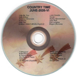 Be By You - Luke Combs McArthur (Solo Version) - Hardy Chevy Silverado - Bailey Zimmerman Thorns - Jelly Roll Be Her - Ella Langley Wish I didn't (Mildly Explicit) - Megan Moroney Whipped - Emily Ann Roberts Necklace - Gabriella Rose Travelin' Soldier - Cody Johnson I Know A Place - Zach Top Gary - Stephen Wilson Jr. Appetite (Explicit) - Zach Bryan